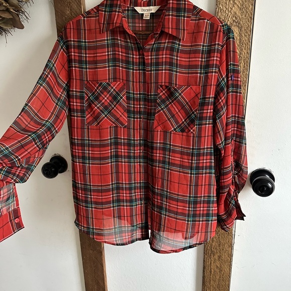 Y2K Decree Plaid Blouse Semi-Sheer Red Teal Yellow Button Front Women’s Medium - Picture 8 of 16